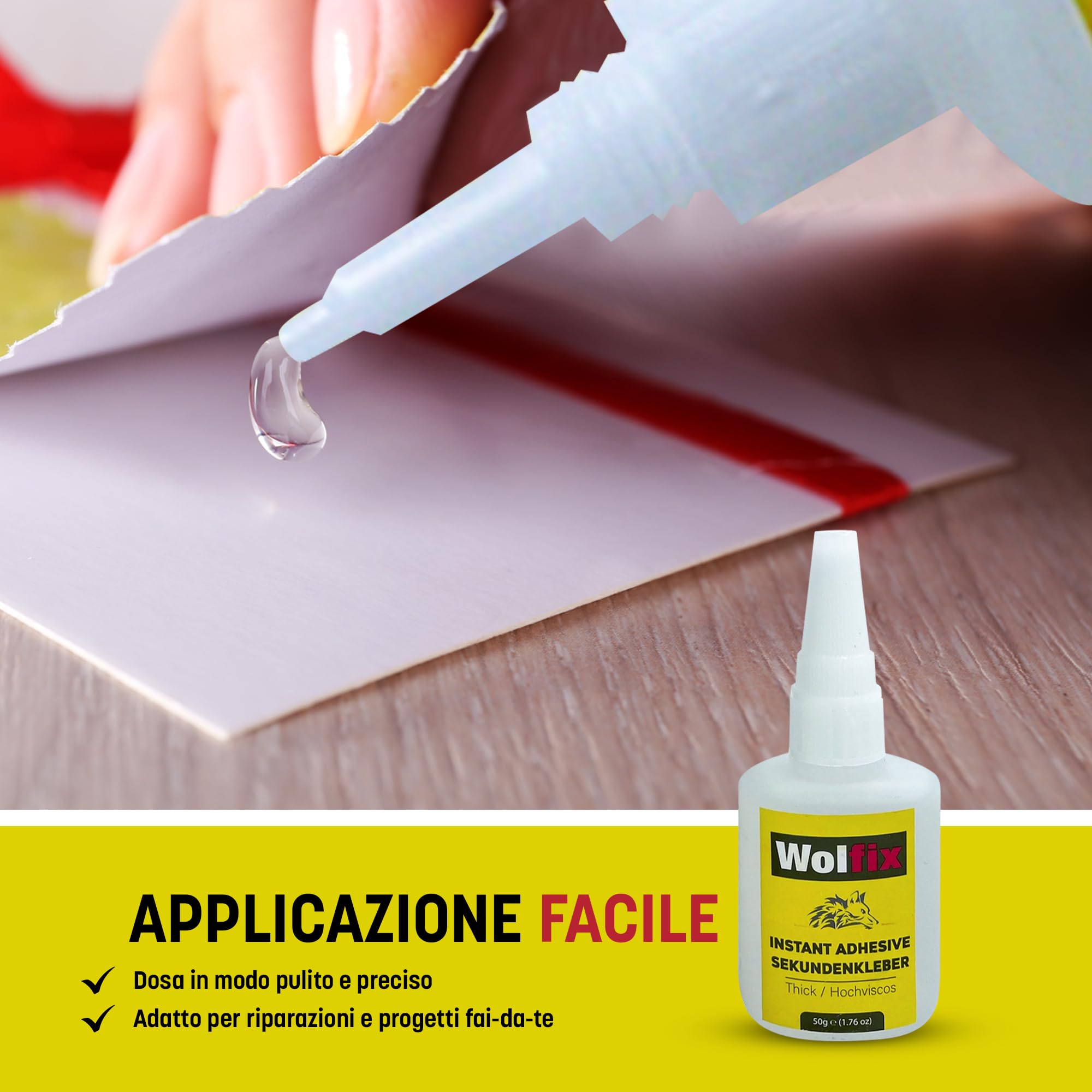 Wolfix Colla Cianoacrilica 50gr – Adesivo Istantaneo Colla Forte per Plastica, Legno, Metallo e Ceramica – Super Attack Extra Forte per Riparazioni Professionali e Fissaggi Precisi
