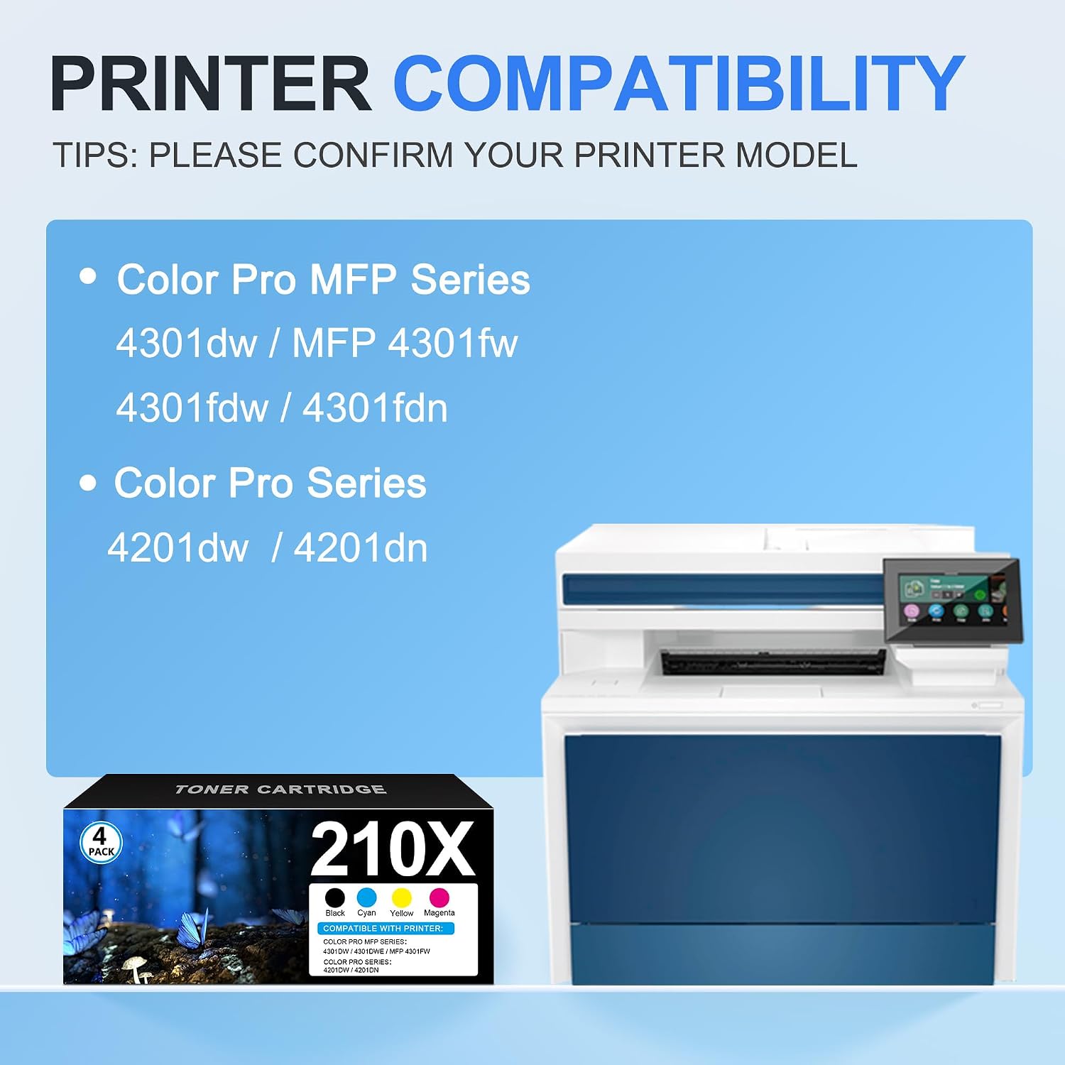 210X Toner Cartridges 4 Pack High Yield (with Chip) Replacement for HP 210X W2100X 210A W2100A Use with Color Pro MFP 4301fdw 4301fdn 4301dw Pro 4201dn 4201dw (BCYM)