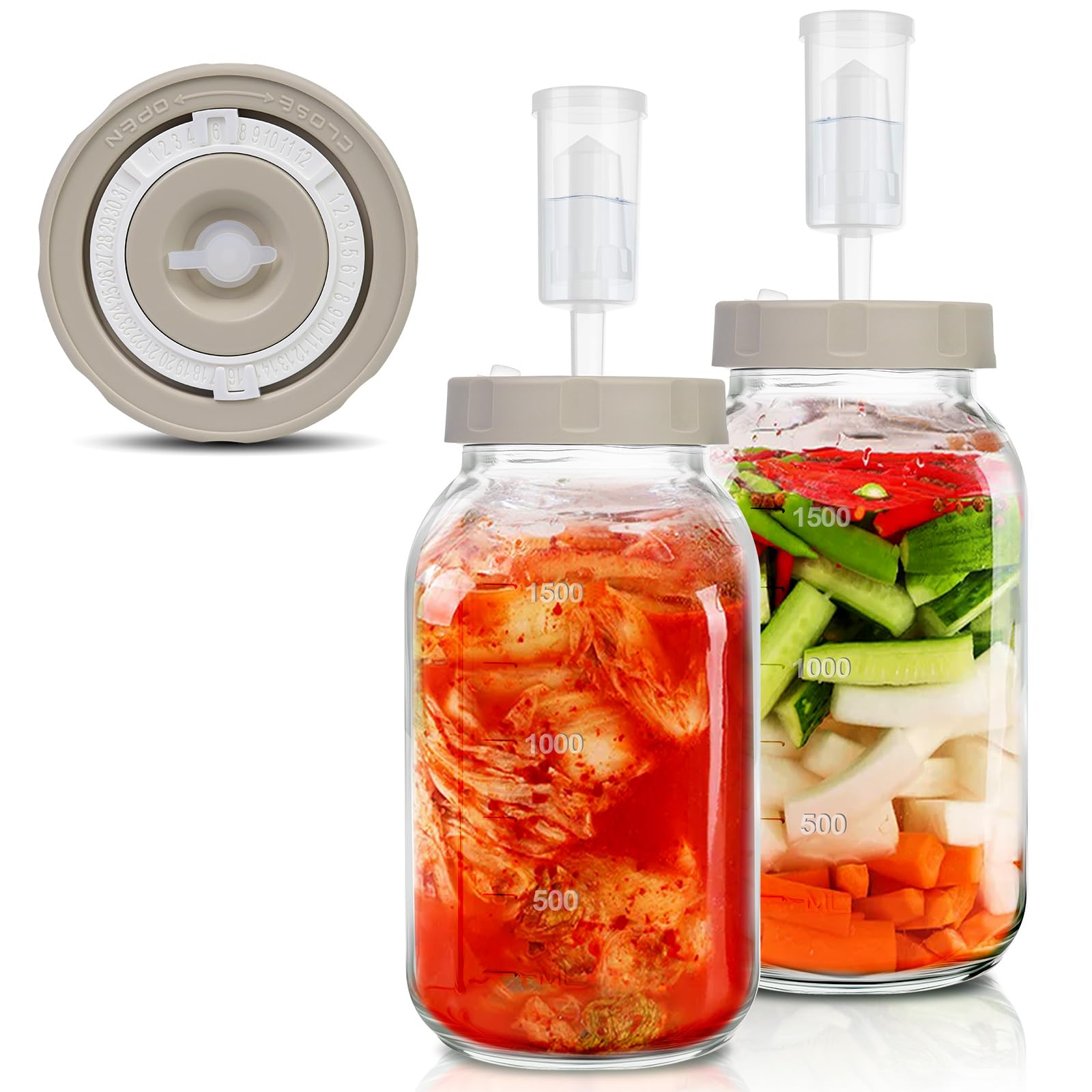 YUEYEE Fermentierglas mit Datumsanzeige 2 Stück 2L, Kimchi Behälter mit Luftschleuse, Perfekt für die Gärung für Kimchi, Sauerkraut,Sauerteig Starter, Sauerteigstarter,Kefir Glas mit Deckel
