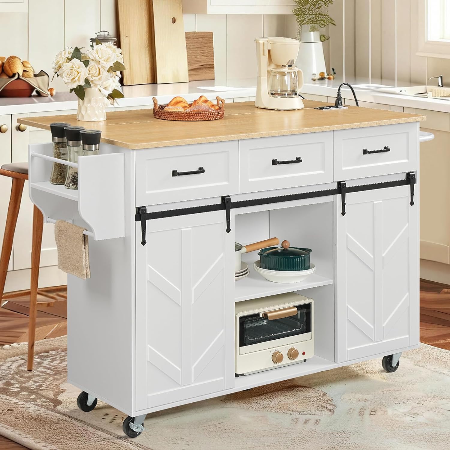 HOOBRO Kitchen Island on Wheels, Rolling Kitchen Island with Power Outlet & Drop Leaf, Island Table with Sliding Barn Doors, 3 Drawers, Large Countertop, for Kitchen, White and Natural WN70UZD01