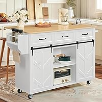 HOOBRO Rolling Kitchen Island with Drop Leaf, Power Outlet, Barn Doors, 3 Drawers & Wheels - White/Natural Wood Cart