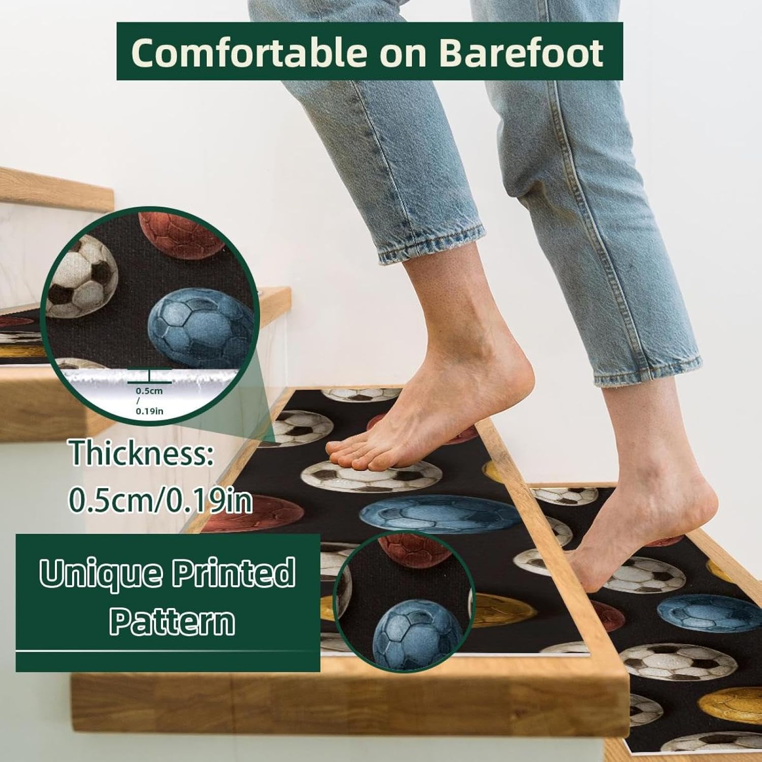 Football Soccer Sports Ball (1) Stair Treads for Wooden Steps Indoor Runner Rug Carpet, 15 Pieces Peel and Stick Staircase Step Treads Covers Washable Throw Door Mats 30"x8"