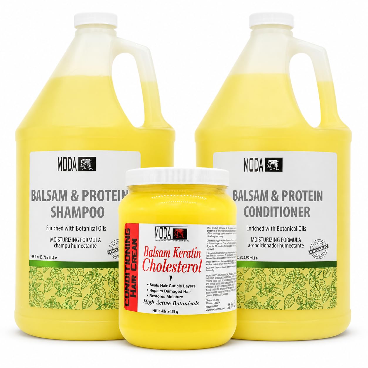MODA Balsam & Protein Shampoo, Conditioner & Balsam Keratin Cholesterol Treatment Set – 128 oz Shampoo & Conditioner + 64 oz Treatment, Salon Backbar Bundle