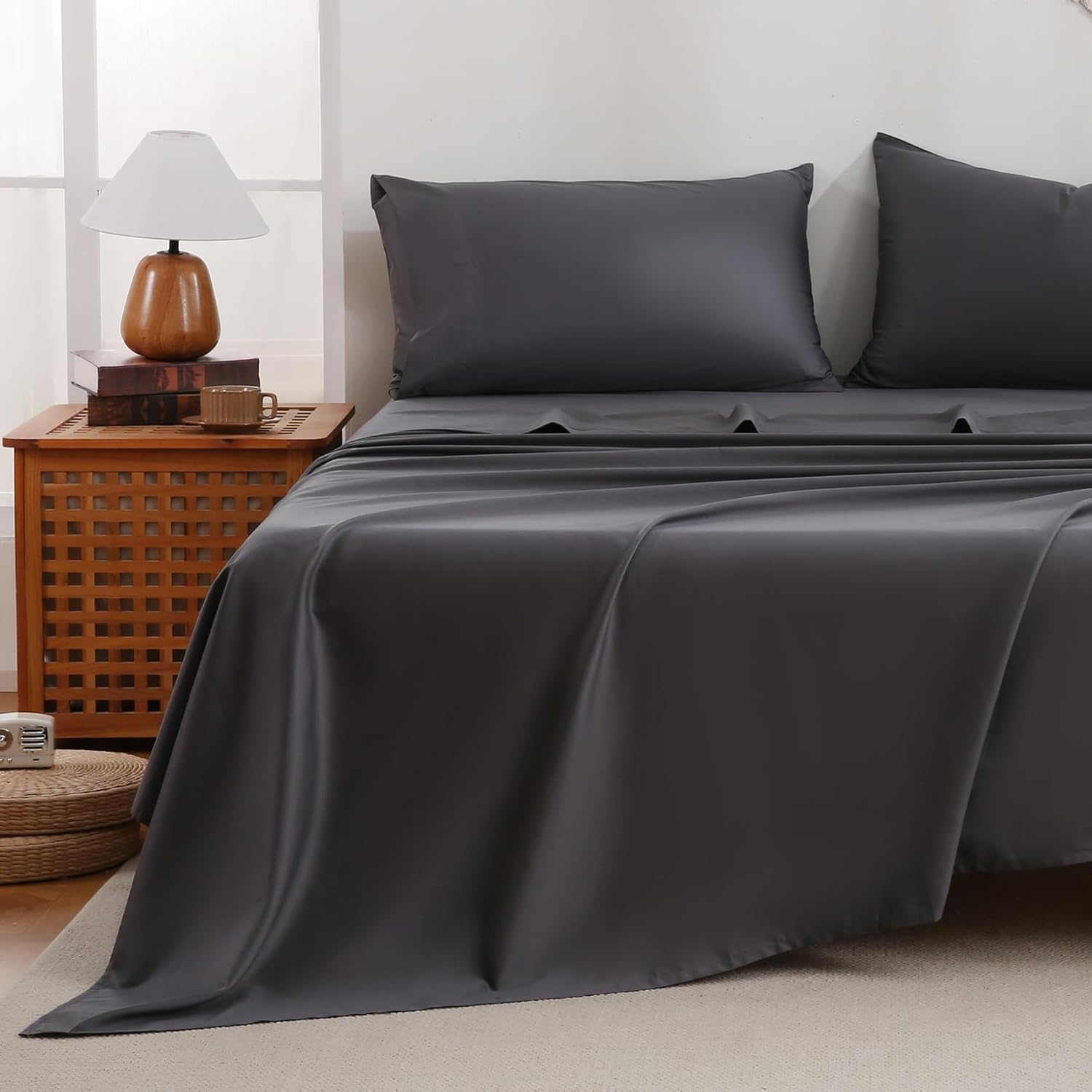 100% Cotton Sheets King Size Sheet Set with Deep Pocket Fitted Sheet Up to 16" Luxury Hotel 400 Thread Count Bedsheet Soft Breathable Bedding Simple Dark Grey Bed Sheets