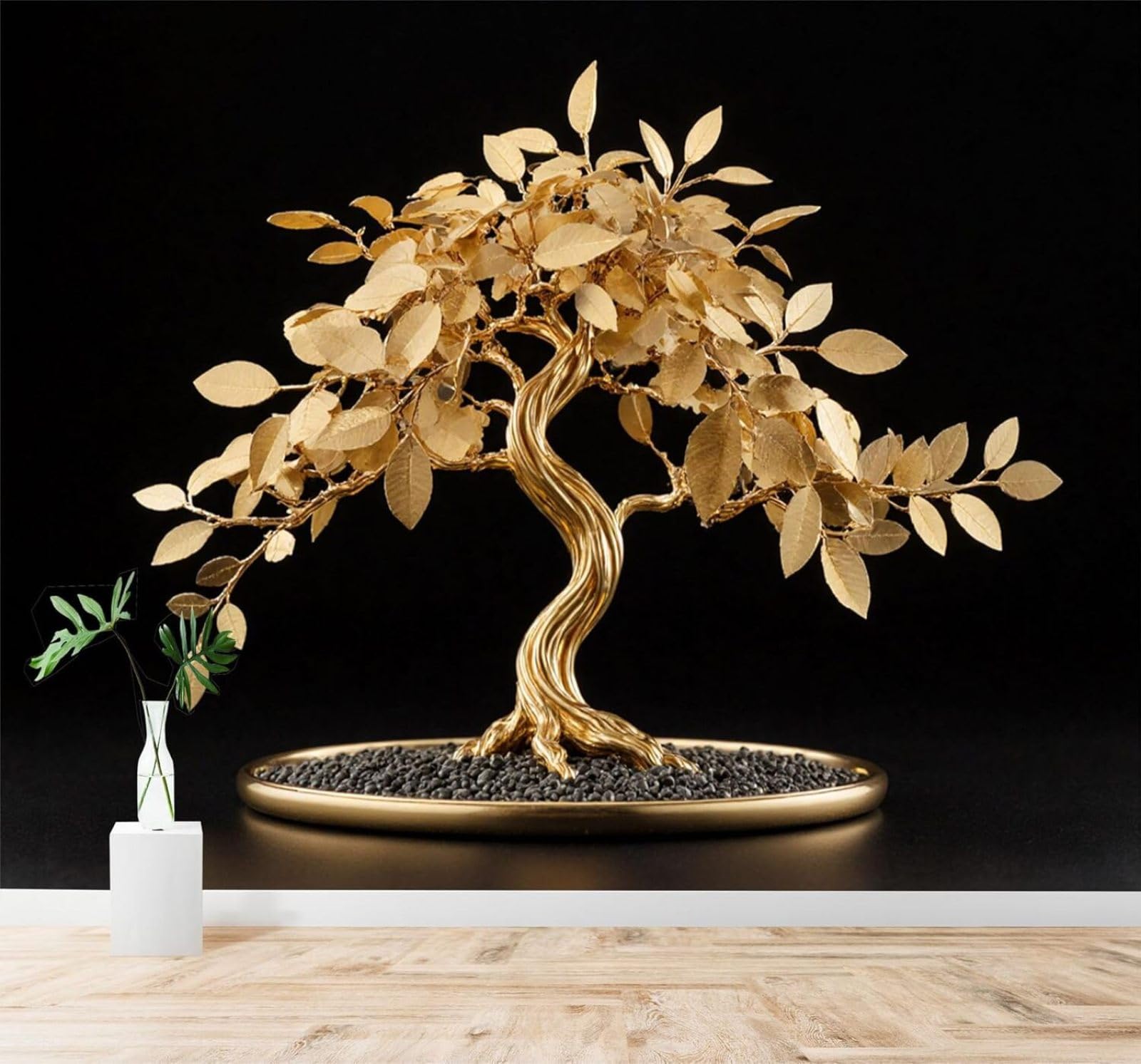 Xlming 400Cm×280Cm(B×H) Luxury Three Dimensional Golden Bonsai Trees Golden Leaves 3D Wallpaper Silky Texture Home Study Office Grey Dining Room Sofa Bedroom Living Room Tv Backdrop-400Cm×280Cm