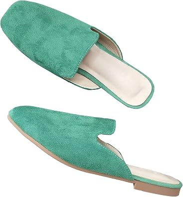 WENJIAZHIZHI Women Square Toe Backless Mules Flats | Suede Upper,Slip-On Mule Silhouette,Office,Daily,Wedding,Date,Brunch,Vacation Casual Outfit