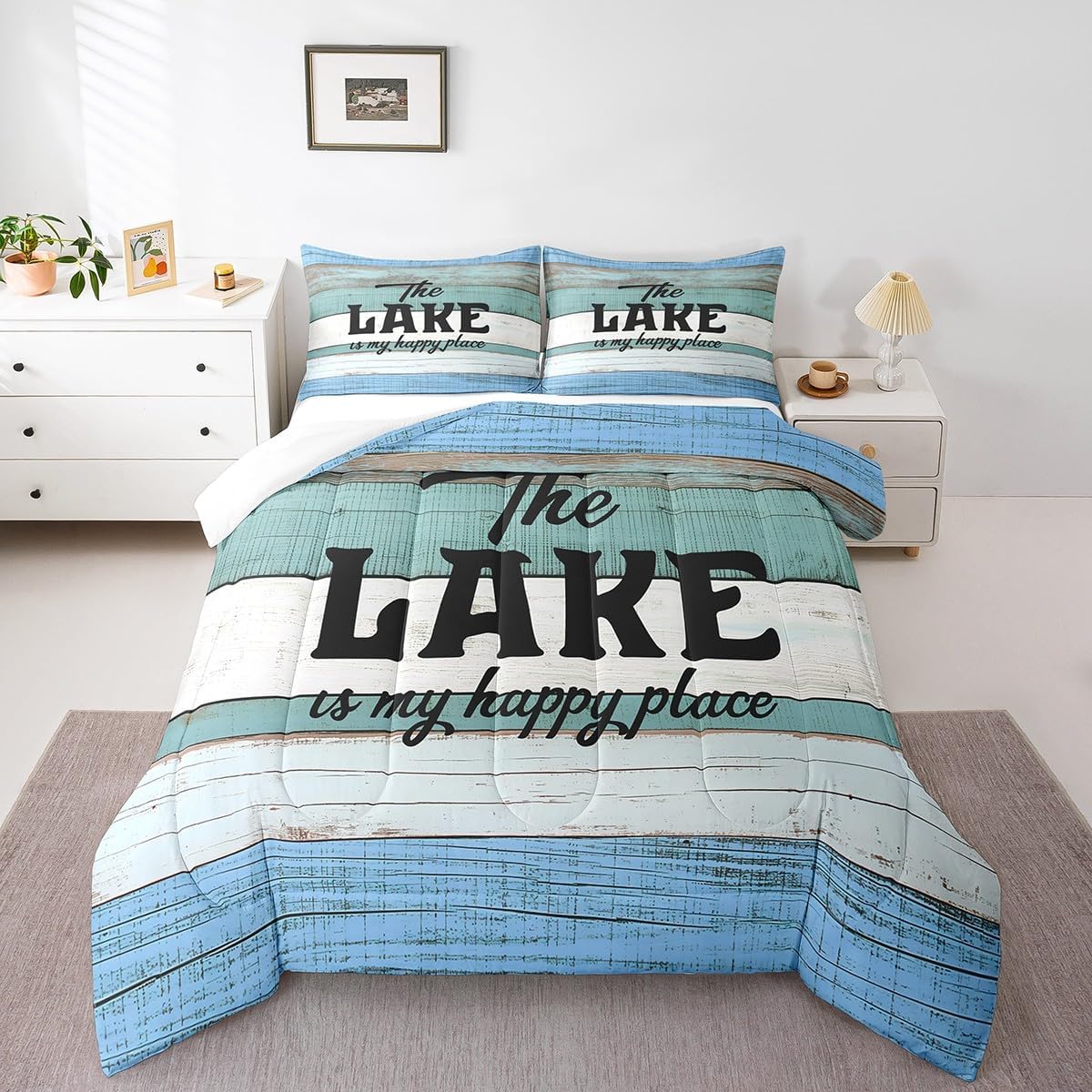 Erosebridal Lake House Comforter Set Rustic Farmhouse Bedding Comforter Sets, Lake Life Bedding Queen Size Vintage Wooden Planks Duvet Insert 3Pcs for Toddler Kids Boys Girls, Teal Turquoise