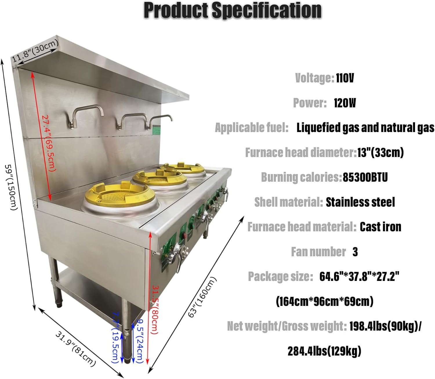 Commercial Gas Ranges Wok, Gas Stove for Liquefied Gas and Natural Gas, 3 Burners Cooktop, 13" Furnace Head 85300BTU, 59" Tall, High Temperature Stove 110V