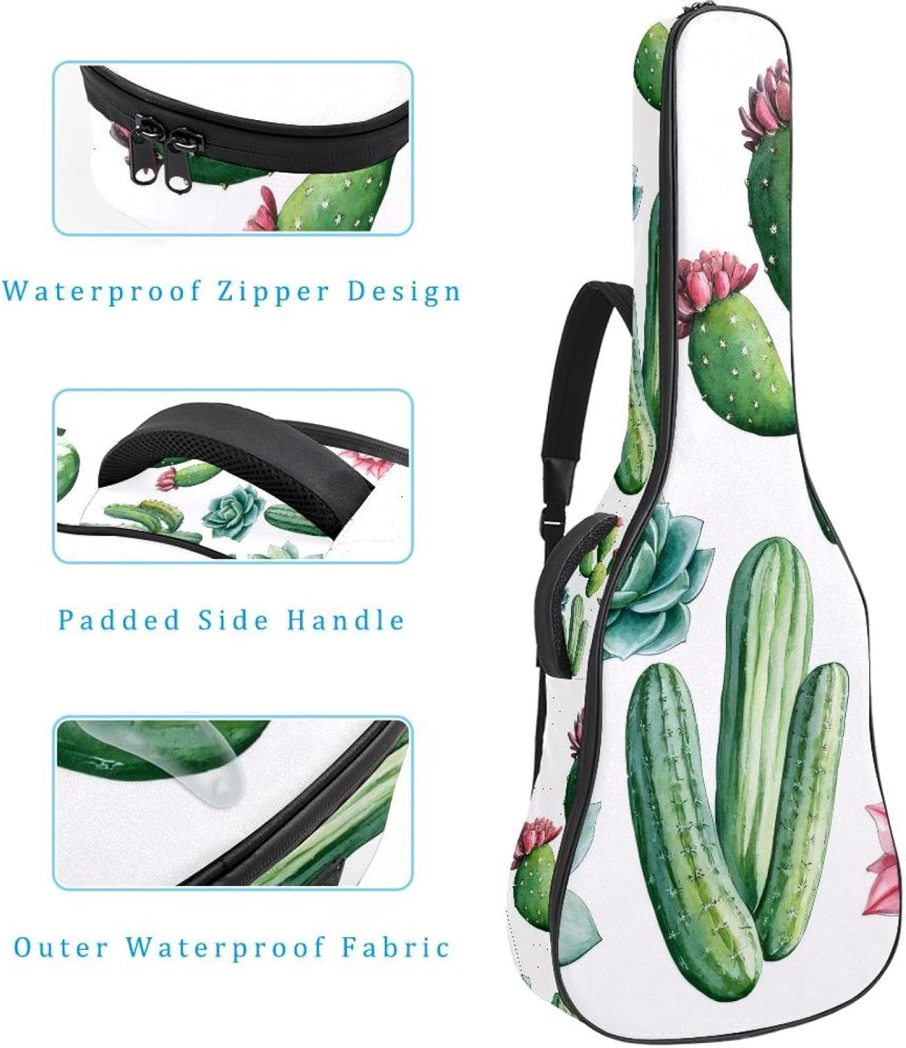 Acoustic Guitar Gig Bag 10mm Thick Padding, Soft Waterproof Guitar Case with Adjustable Backpack Straps for 40-42 Inch Guitar, Watercolor Cacti and Succulents Plants