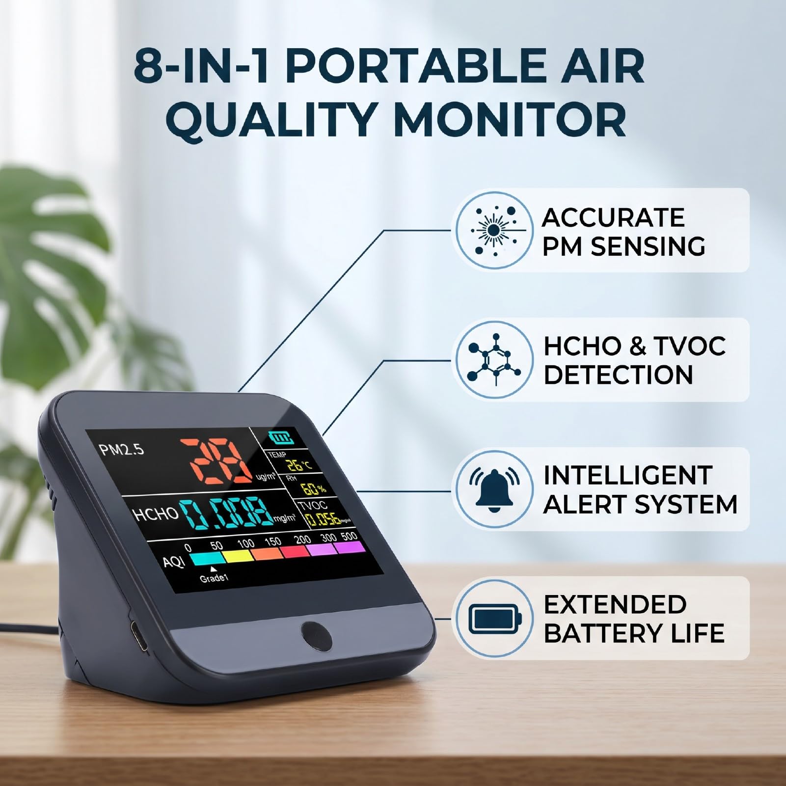 Walfront Monitor de Calidad del Aire 8 en 1, Probador de PM2.5 PM10 TVOC
