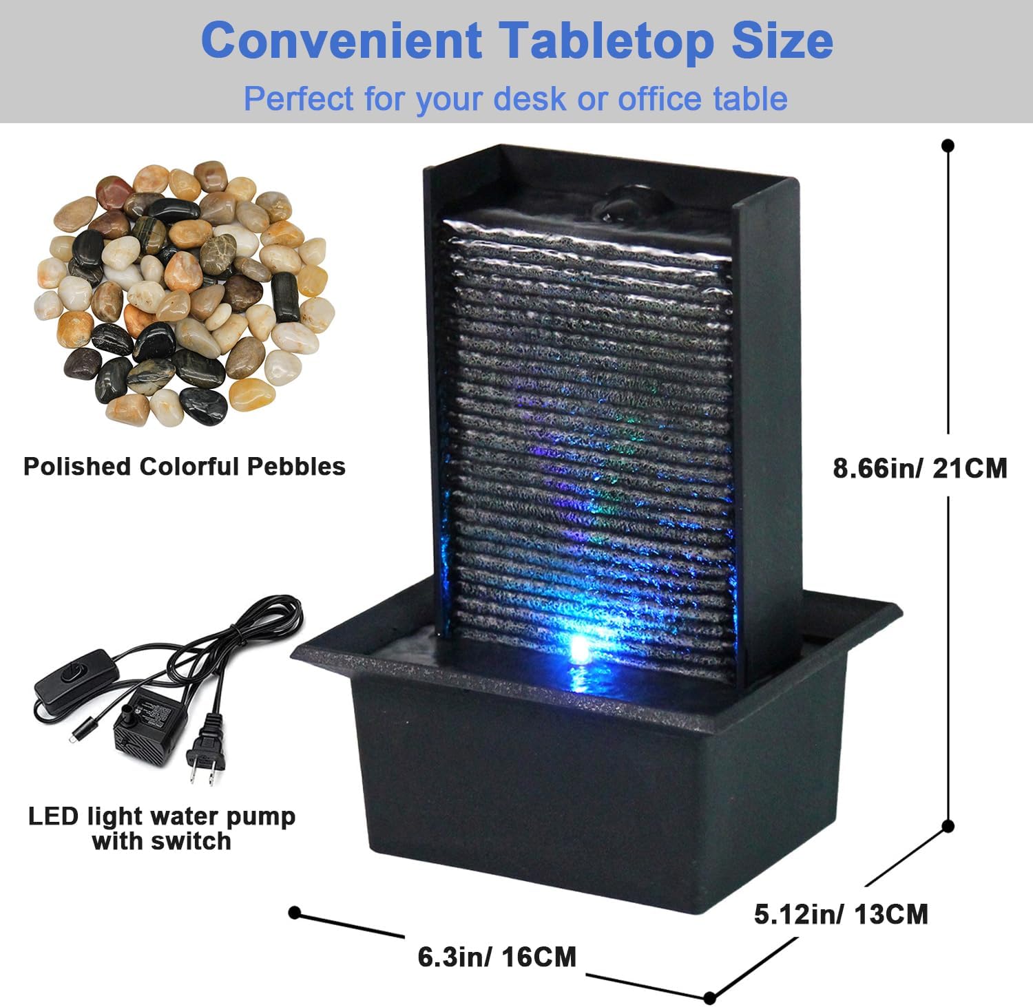 Small Indoor Relaxation Tabletop Fountain, Zen Meditation Waterfall Feature with Color LED Light & Natural Rocks, 4 Level Desk Waterfall for Home Office Bedroom Living Room Decoration (Style 2)