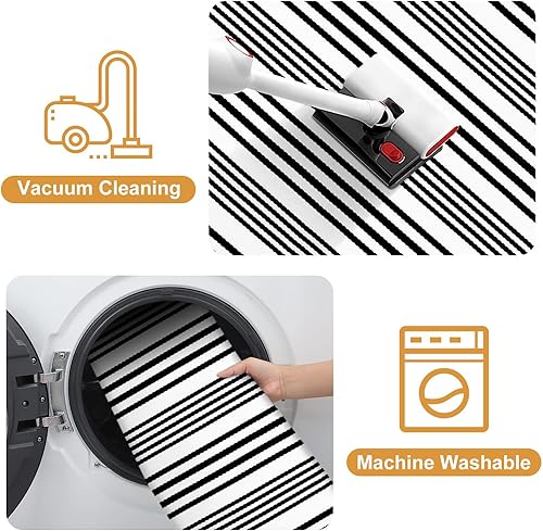 Vista 5 de Alfombra de exterior a rayas blancas y negras, 2 x 3 pies, de algodón, moderna, tejida a mano, reversible, para porche, puerta de bienvenida, 1 tira