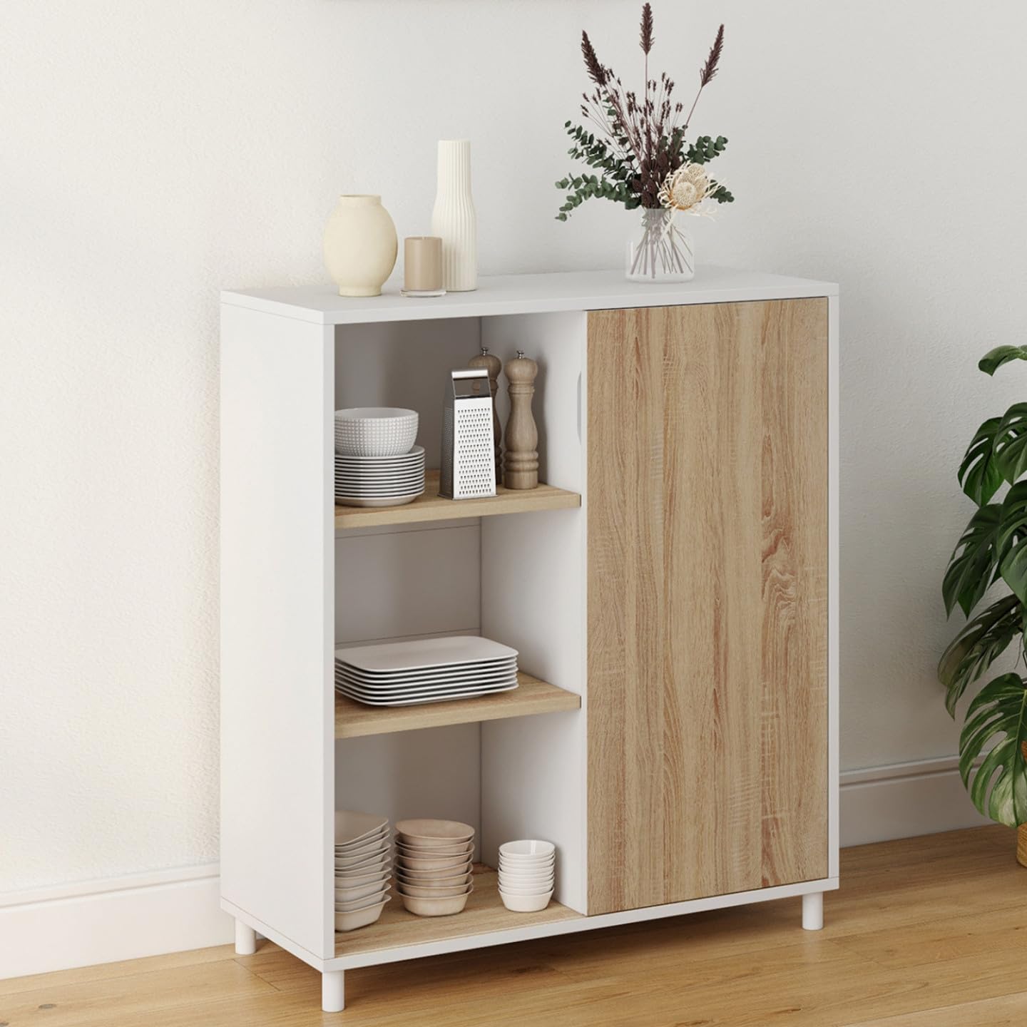 IDMarket - Credenza EASY 70 cm - facile da montare senza attrezzi - 3 ripiani e 1 anta scorrevole reversibile in bianco e legno