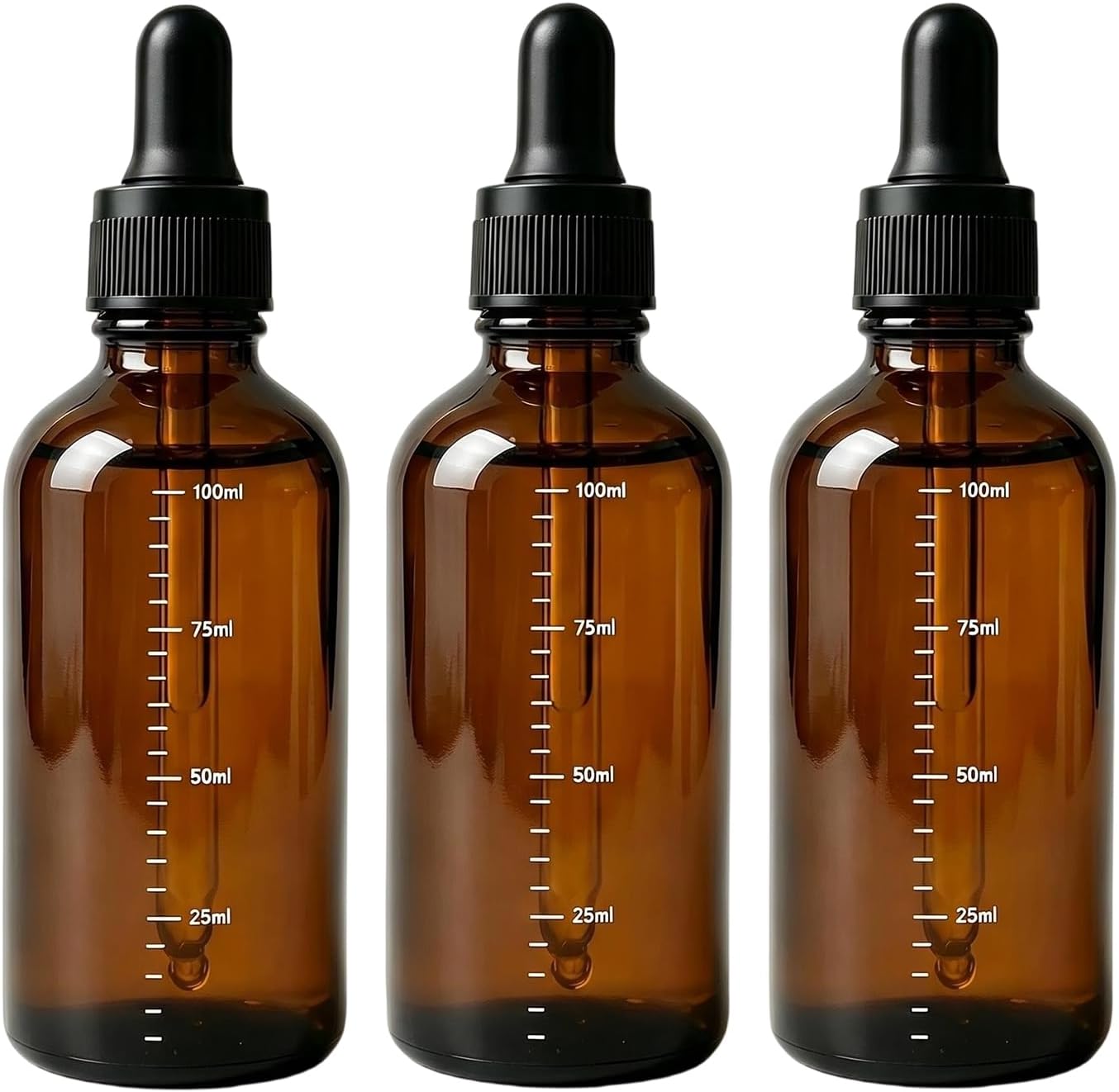 3 Pcs 100ML Empty Amber Glass Graduated Scale Dropper Bottles with Pipette Droppers and Black Rubber Heads Refillable Perfumes Aromatherapy Essential Oil Makeup Storage Container Vials