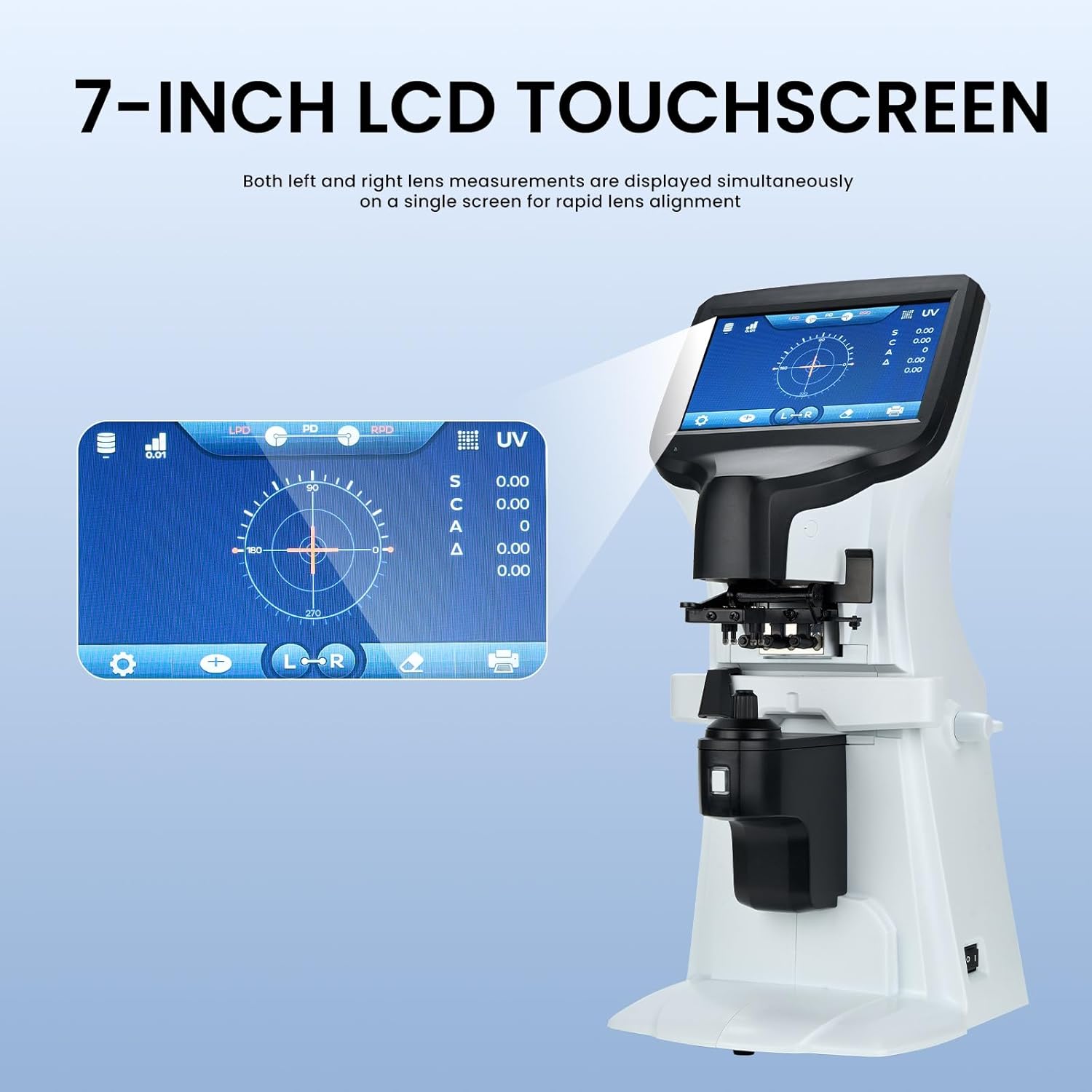 Digital Auto Lensmeter with 7-inch Touch Screen - Digital Focimeter with PD Measurement, UV Detection & Built-in Printer for Ophthalmology