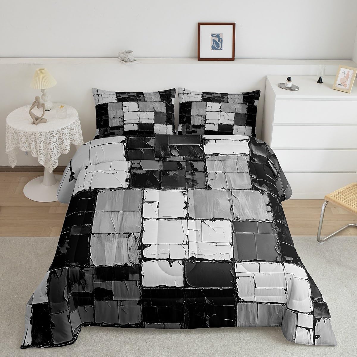 jejeloiu Kids Blue Black White Geometric Bedding Set Toddler Size Abstract Art Comforter Set for Boys Girls Abstract Duvet Quilt