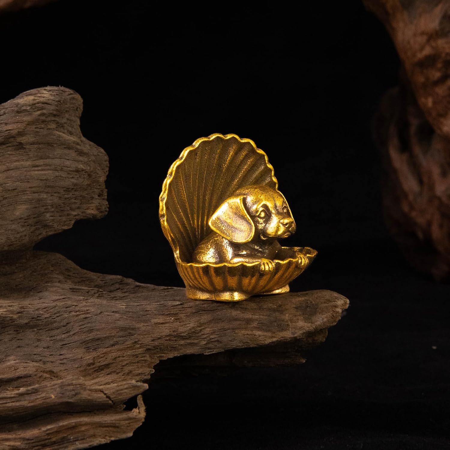100% Solid Brass Retro Puppy in Seashell Desktop Decor, Collectible Figurines, Oddities and Curiosities, Cute Dog Statue for Bookshelf, Office, Coastal Home and Dog Lover Gift image 5
