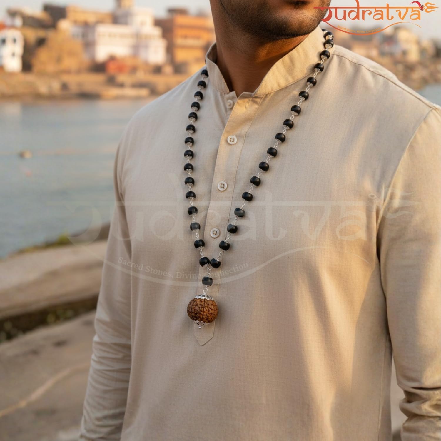 Wooden Temple Store Karungali Mala with 7 Mukhi Rudraksha Pendant | 54 + 1 Beads