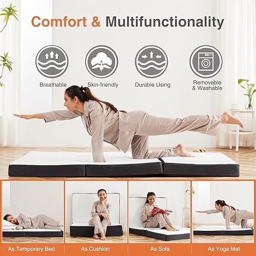 Miniatura 7 de Colchón de espuma viscoelástica de tres pliegues, cama portátil de 3 pulgadas, tapete plegable, funda plegable y lavable con certificado