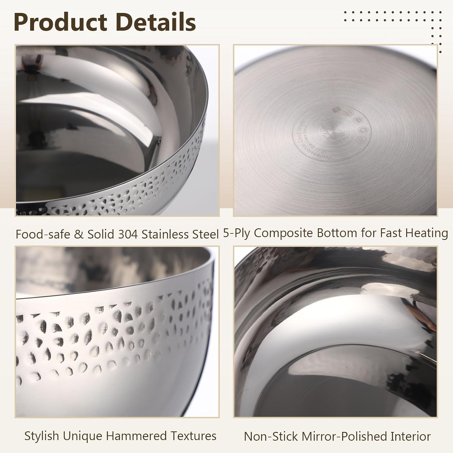2 Set Stainless Steel Hammered Salad Bowls 130oz & 160oz | extra Large Metal Serving Mixing Bowls with Salad Tongs, Decorative Food Plates for Popcorn, Fruit, Kitchen, Party