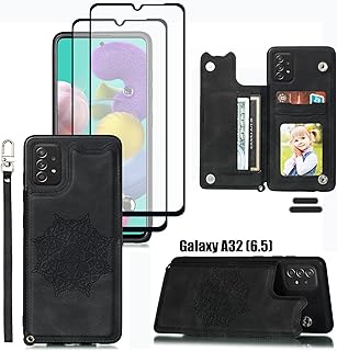 LMDAMZ for Galaxy A32(5G) 6.5 Inch Wallet Case with Card Holder, Mandala Embossed Faux PU Leather with Wrist Strap Double Magnetic Clasp Case Flip Back Wallet Case with Stand Function (Black)