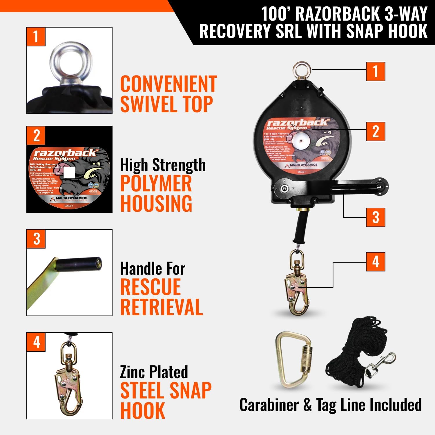 Malta Dynamics 90’ 3-Way Recovery Self Retracting Lifeline, YoYo Cable Dual System, Fall Arrest & Winch Modes, Fall Protection Rescue Retractable Safety Lanyard - OSHA/ANSI Compliant