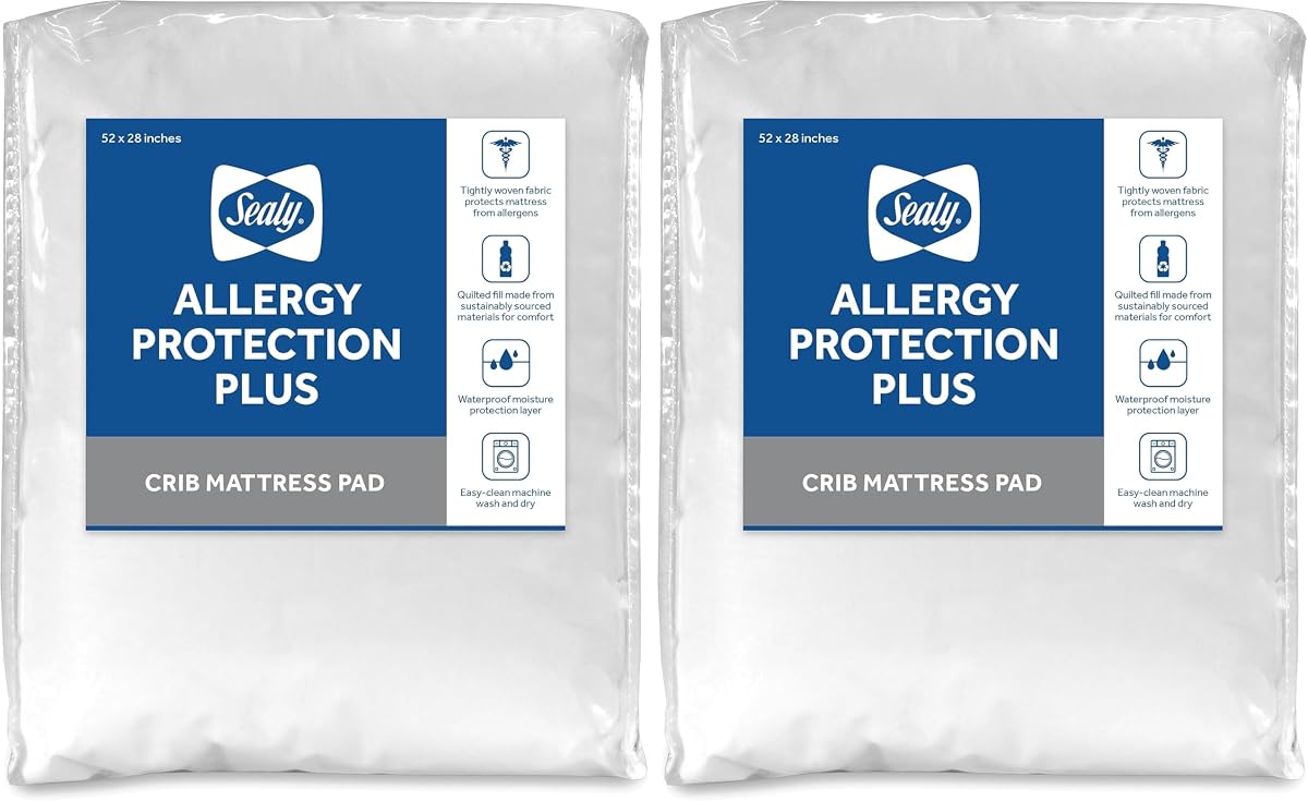 Sealy Baby Allergy Protection Plus Protector de colchón impermeable para cuna infantil y funda para cama para niños pequeños, cubierta duradera y cómoda, lavable a máquina y apto para secadora, 52" x 28" - Blanco