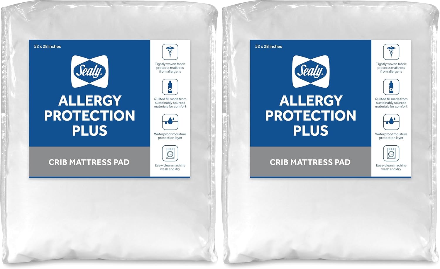 Sealy Baby Allergy Protection Plus Fitted Waterproof Infant Crib Mattress Protector Pad and Toddler Bed Cover, Durable & Comfortable Topper, Machine Washable and Dryer Friendly, 52” x 28”- White