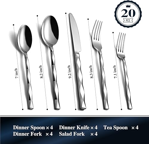 Miniatura 2 de KINGSTONE Juego de cubiertos de lujo de 20 piezas para 4, juego de cubiertos de acero inoxidable 1810 con patrón de corte de diamante para cocina,