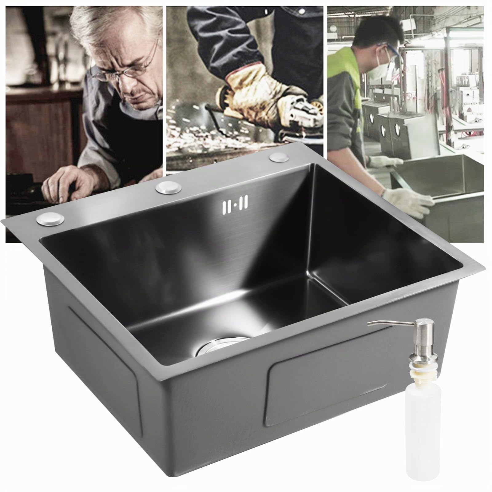 Fregadero de cocina de acero inoxidable negro, empotrable, 50 x 45 cm, fregadero con escurridor, superficie mate, inoxidable, 20 cm de altura