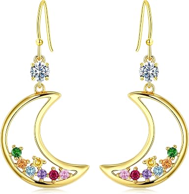 Moon and Star Pendant Drop Earring for Women, Half Moon Dangle Earrings Dainty Trendy Gold Plated Cubic Zirconia Celestial Jewelry Gift