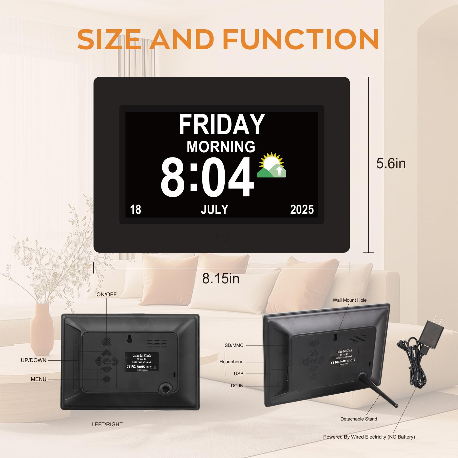 Reloj despertador digital de 7 pulgadas con visualización grande | 8 alarmas personalizadas y recordatorios de medicamentos | Reloj de demencia de computadora/pared para ancianos con fácil
