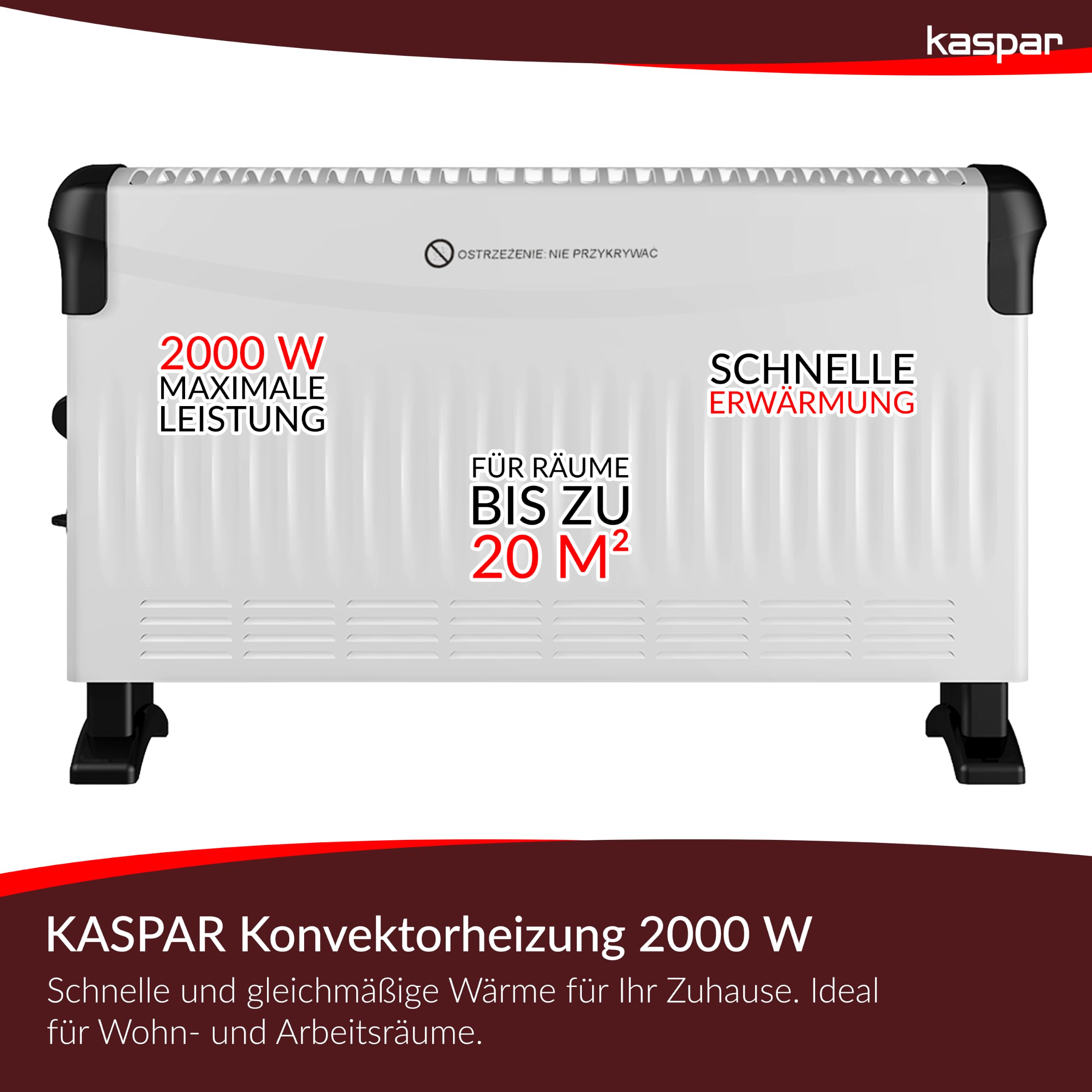 KASPAR Convector Dispositivo de calefacción, radiador con termostato y 3 modos de calor, 750, 1250, 2000 W, calefacción eléctrica, blanco
