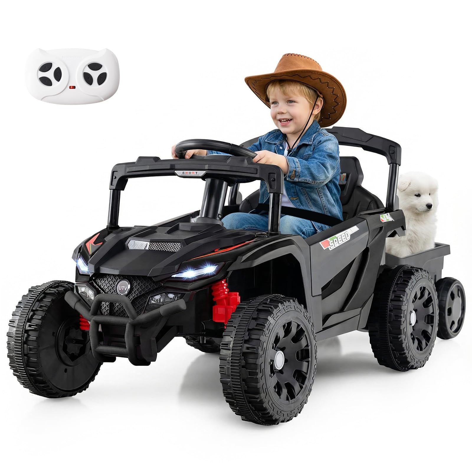 GYMAX Kids Ride on Tractor and Trailer, 12V Battery Powered Toy Car with Remote Control, Light, Music and Spring Suspensions, 2-in-1 Children Electric Car for 3+ Years Old (Black)