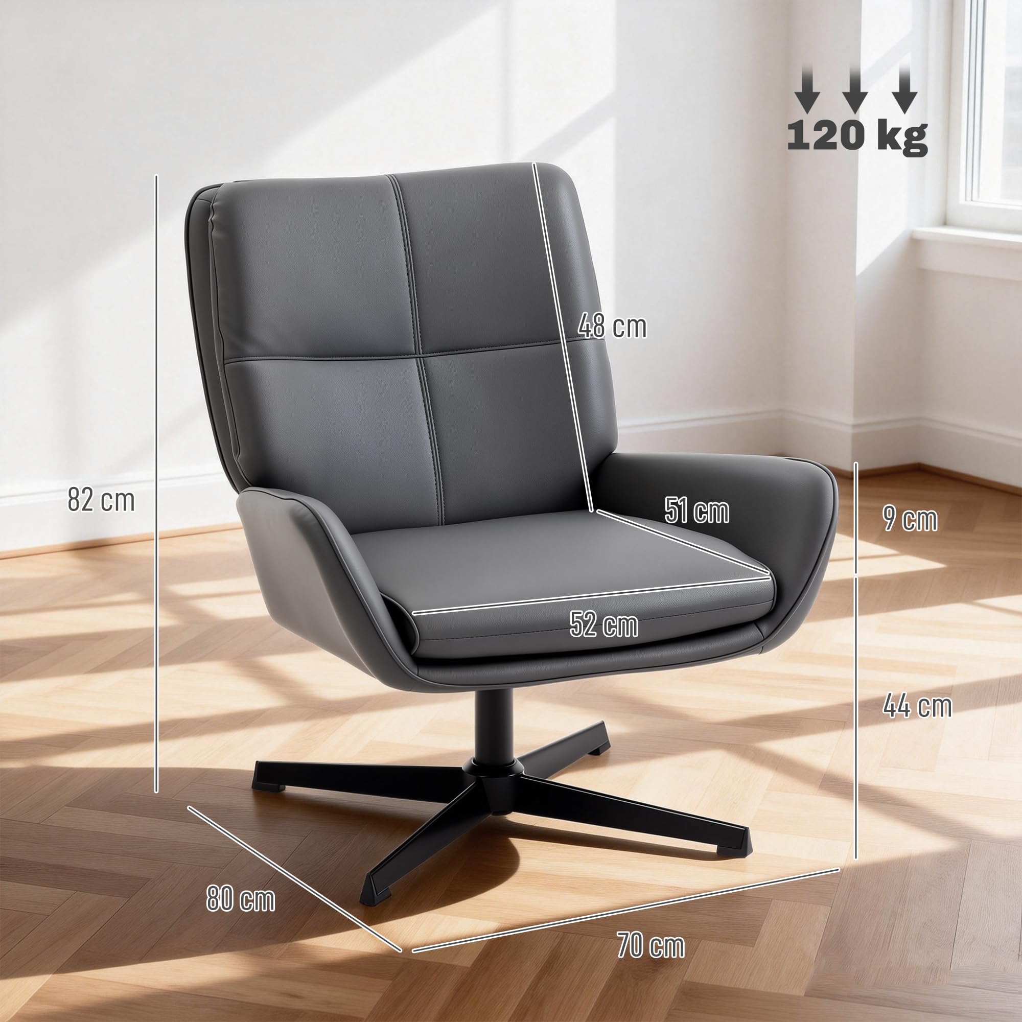 HOMCOM Sillón Giratorio, Butaca de Salón Tapizado en PU, Sillón Lectura con Asiento Acolchado, Reposabrazos, Patas Metálicas, para Sala de Estar, Dormitorio, Gris