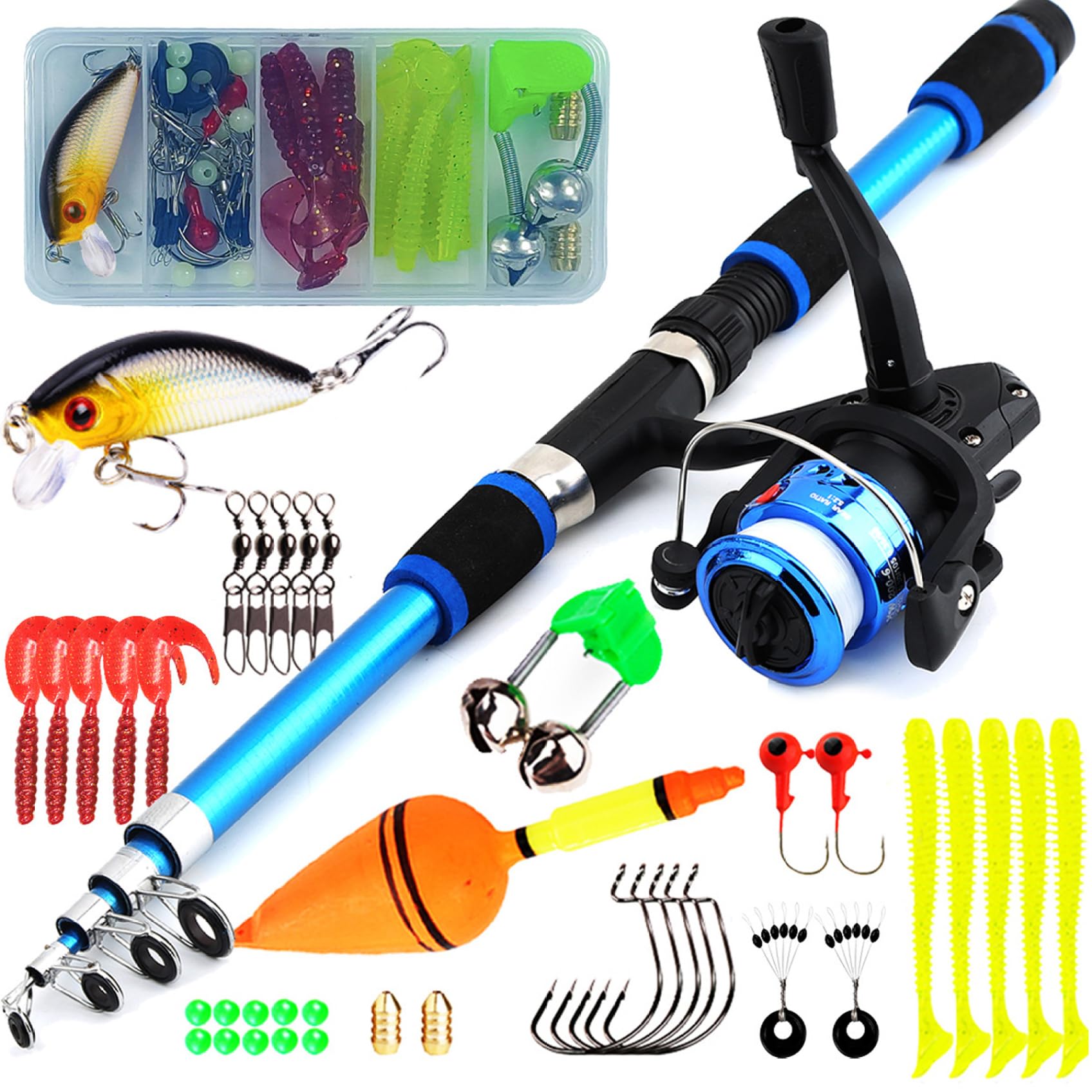 Kids Fishing Gear Set, 5.9ft Portable Telescopic Kids Fishing Pole and Reel Combos and String with Line Full Kits Complete Fish Accessory Set with Carrying Bag for, Boys, Girls