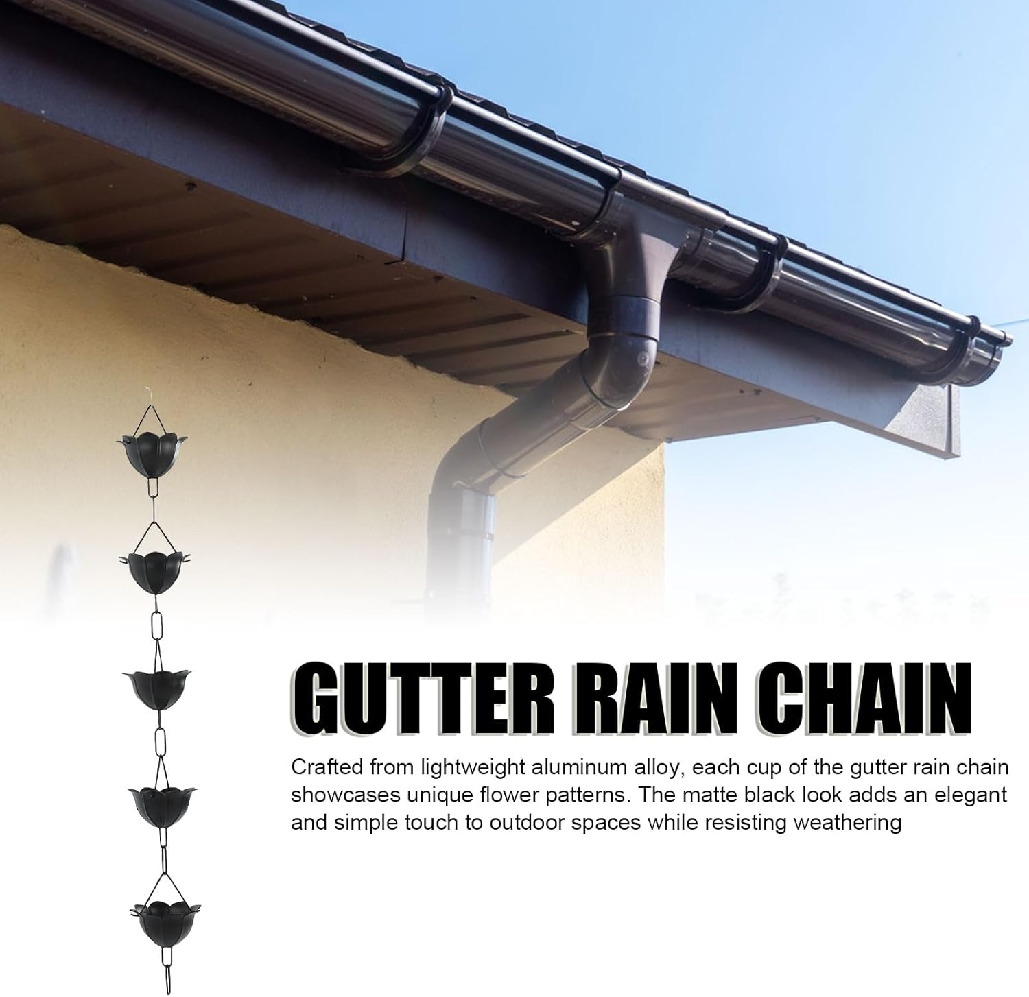 Petal Cup Rain Chain, Aluminum Alloy Decorative Flower Rain Chains with 5 Flowers, Efficient Rain Collection, Adjustable Length for Outside, Stylish Dcor for Garden and Patio