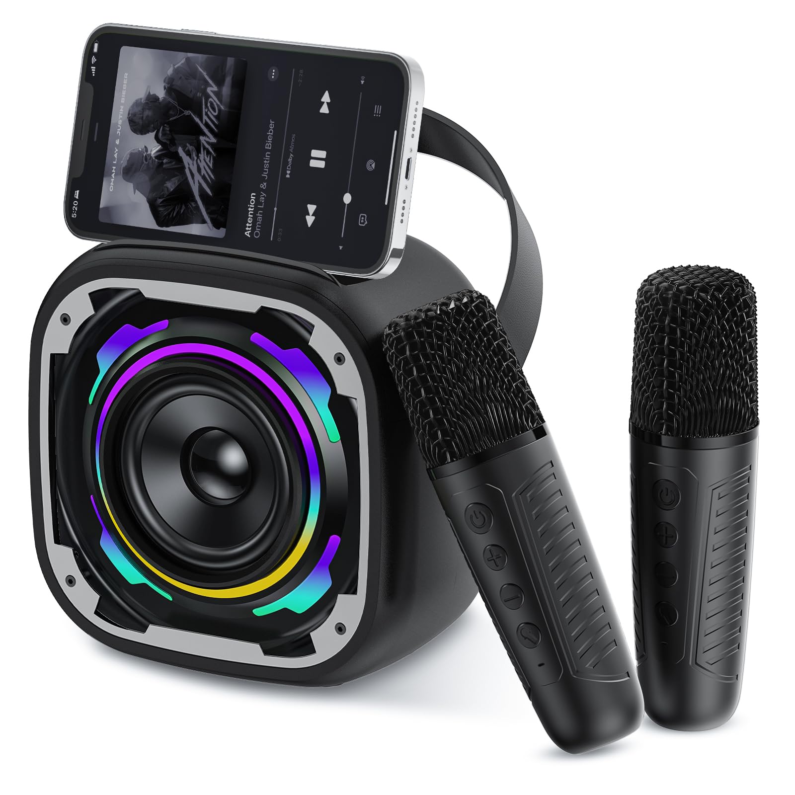 PKBD Mini Karaoke Machines 2 Microphones For Kids, Portable Wireless Bluetooth Speaker with Phone Holder/Dynamic Light/Voice Changer Effects, Karaoke Machine Gift for Girls Boys, Black