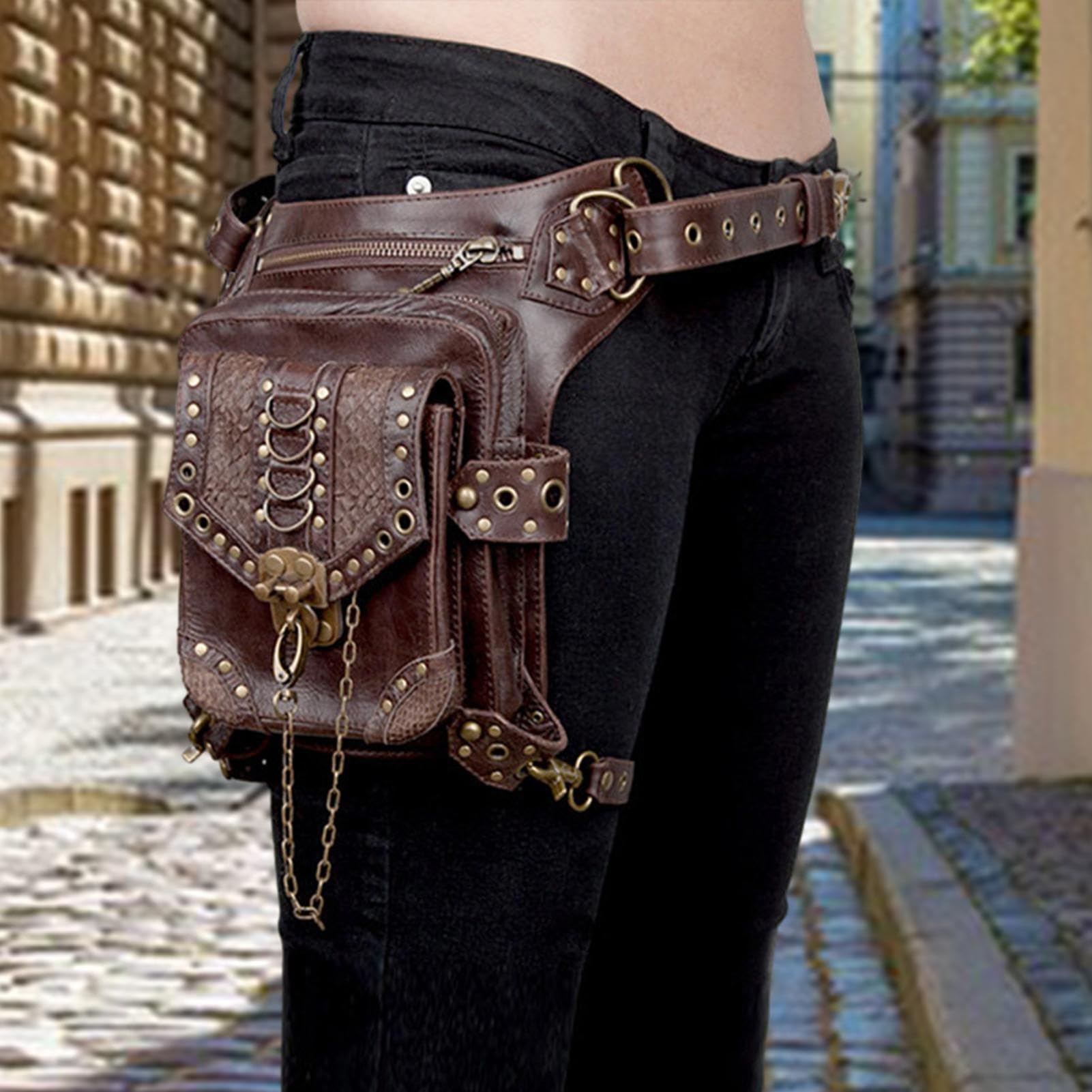 Steampunk - da gamba in pelle PU stile rinascimentale, impermeabile | per viaggi, escursioni, festival, costume cosplay da ragazza e donna, accessorio elegante per uso a mani libere