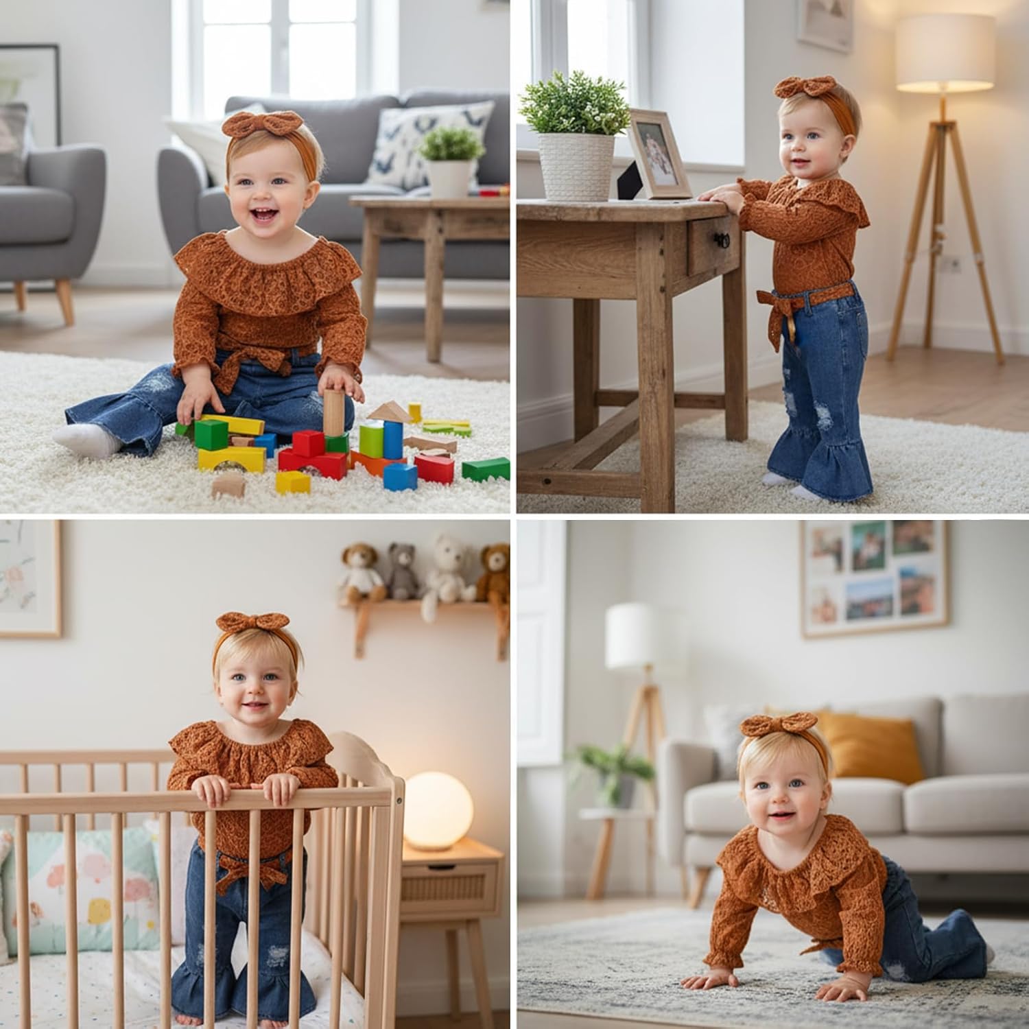 Baby Girl Clothes Lace Off Shoulder Romper Flare Jeans Pants Headband and Belt 4pcs Outfit 3-24 Months - Image 3