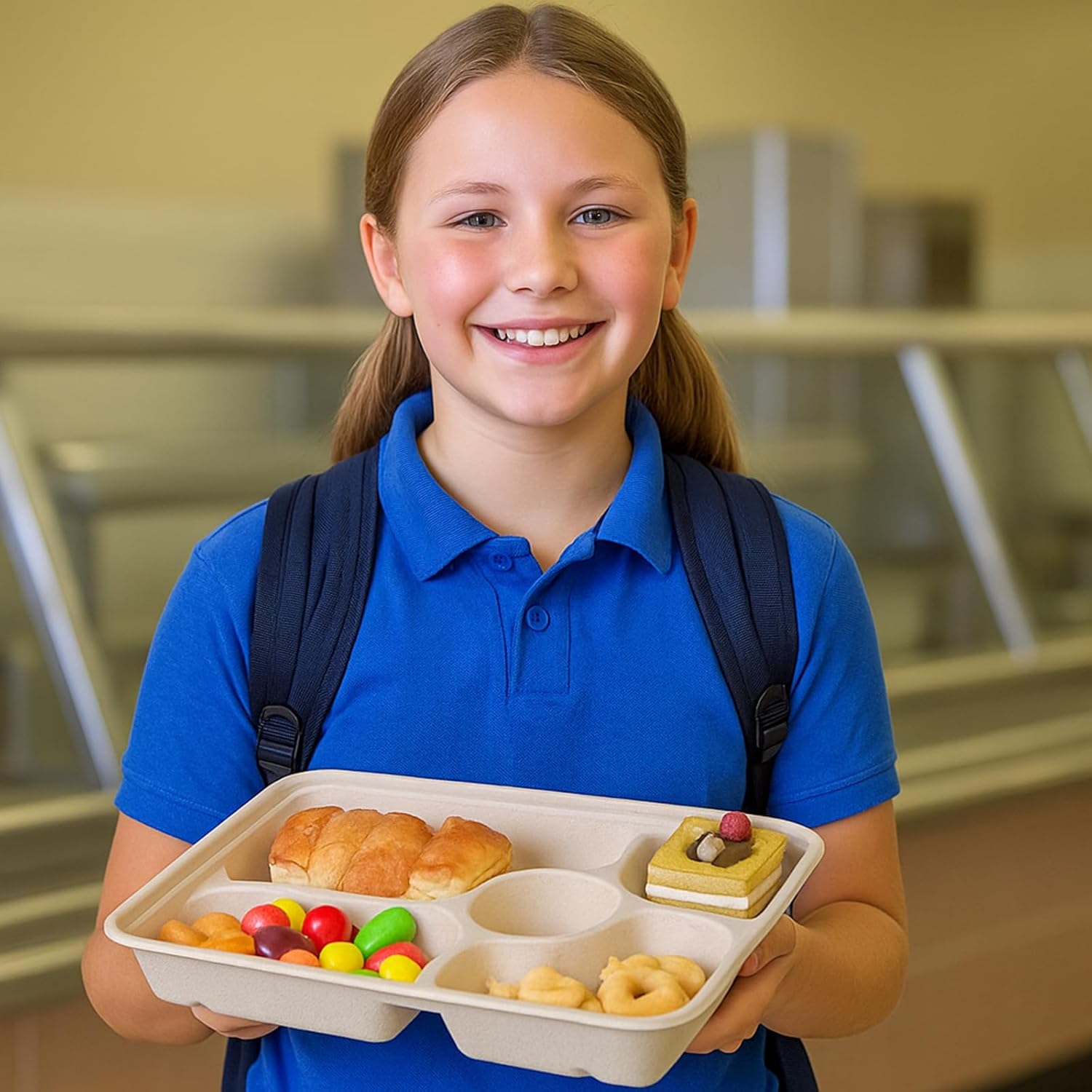 60 Pack Compostable 5 Compartment Plates, 11” x 8.3” Disposable Bagasse Lunch Trays, Heavy-Duty Eco-Friendly Sectional Paper Plates for Learning Places, Party, Buffet (Beige) - Image 6