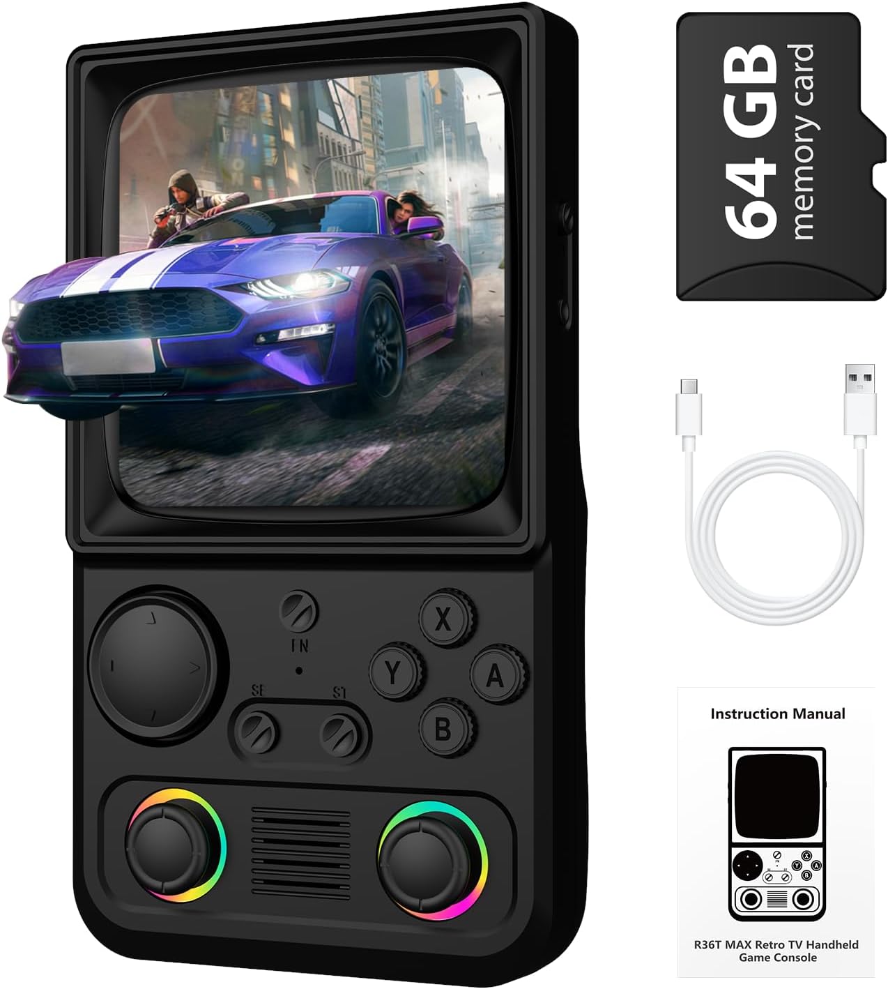 R36TMAX Handheld Game Console, Retro Gaming Console with 18,000+ Classic Games, 4.0 Inch IPS HD Screen, Supports WiFi Networked Fighting and OTG, 4000mAh Battery (Black 64GB)