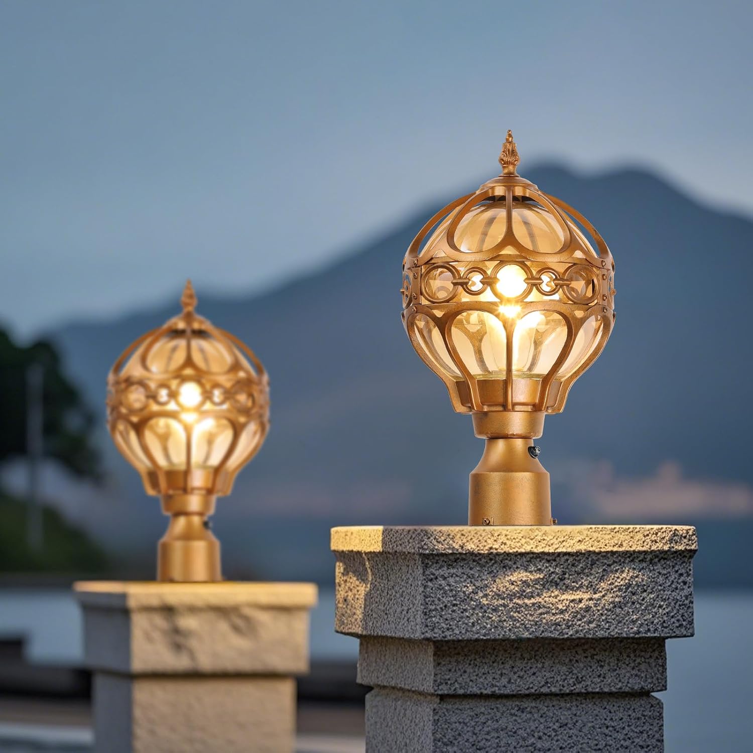 2 Pack Dusk to Dawn Outdoor Globe Post Light Fixtures, 13.4" Gold Anti-Rust Aluminum Lamp Post Lighting for Patio, Garden, Driveway, Hardwired Post Top Lantern Pillar Light, Fits Standard 3" Post