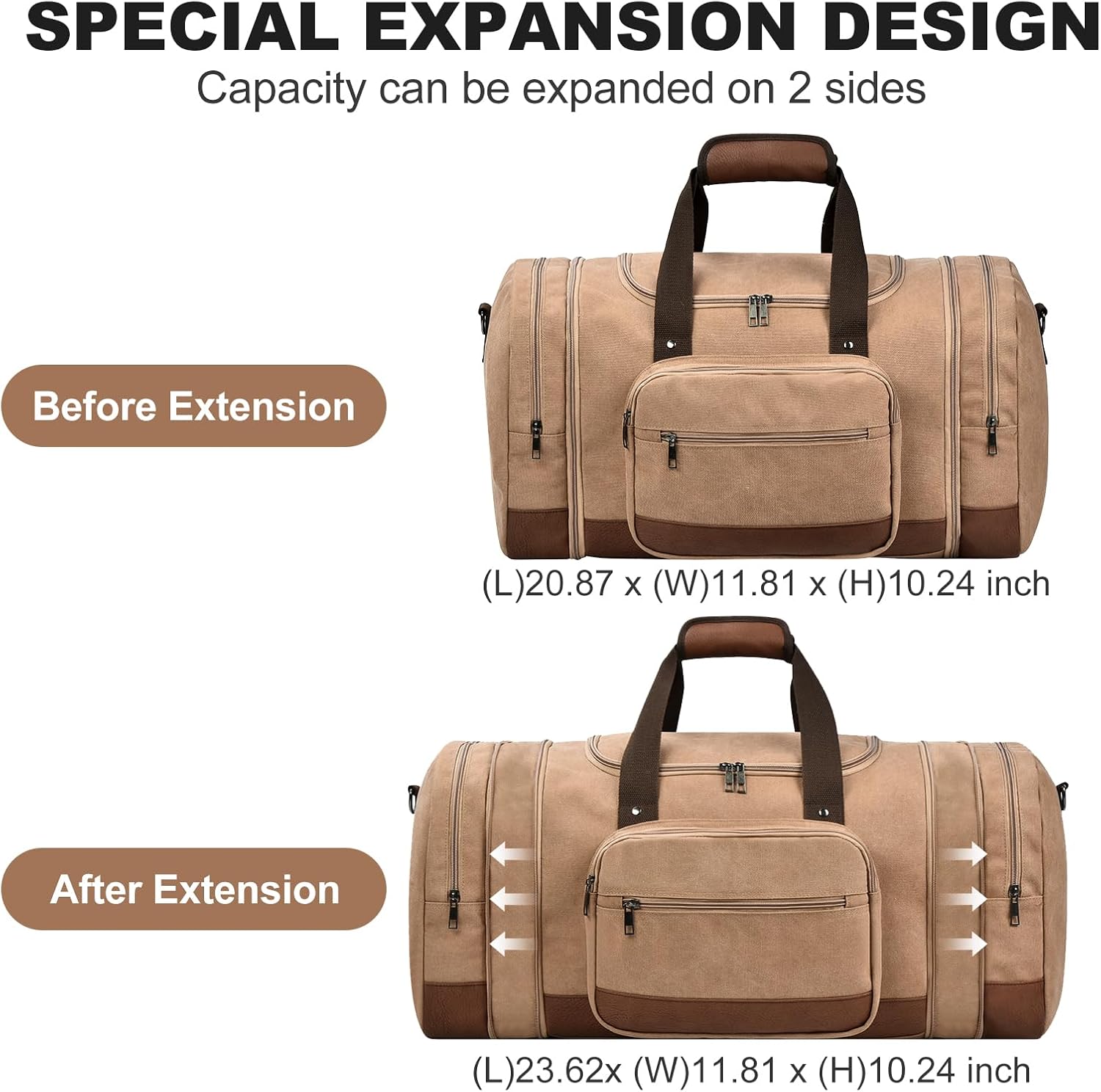 Litvyak Duffle Bag for Travel, 50L Canvas Travel Duffel Bags Overnight Weekend Gym Carry On Luggage Bag for Men & Women(Coffee) - Image 3