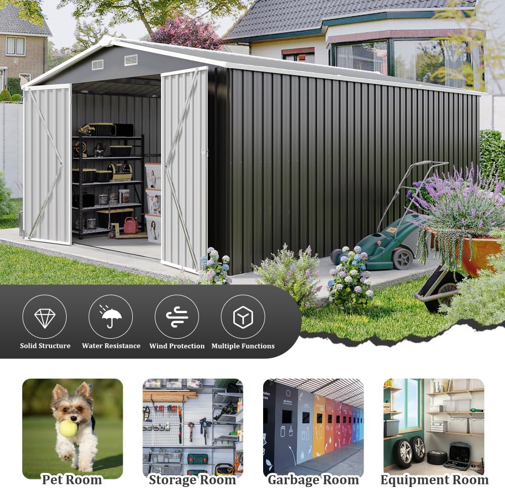 Outdoor Storage Shed with Sloped Roof, 3 Lockable Doors & 4 Air Vents, 10x14 FT Metal Garden Shed for Backyard, Patio, and Lawn in Dark Grey