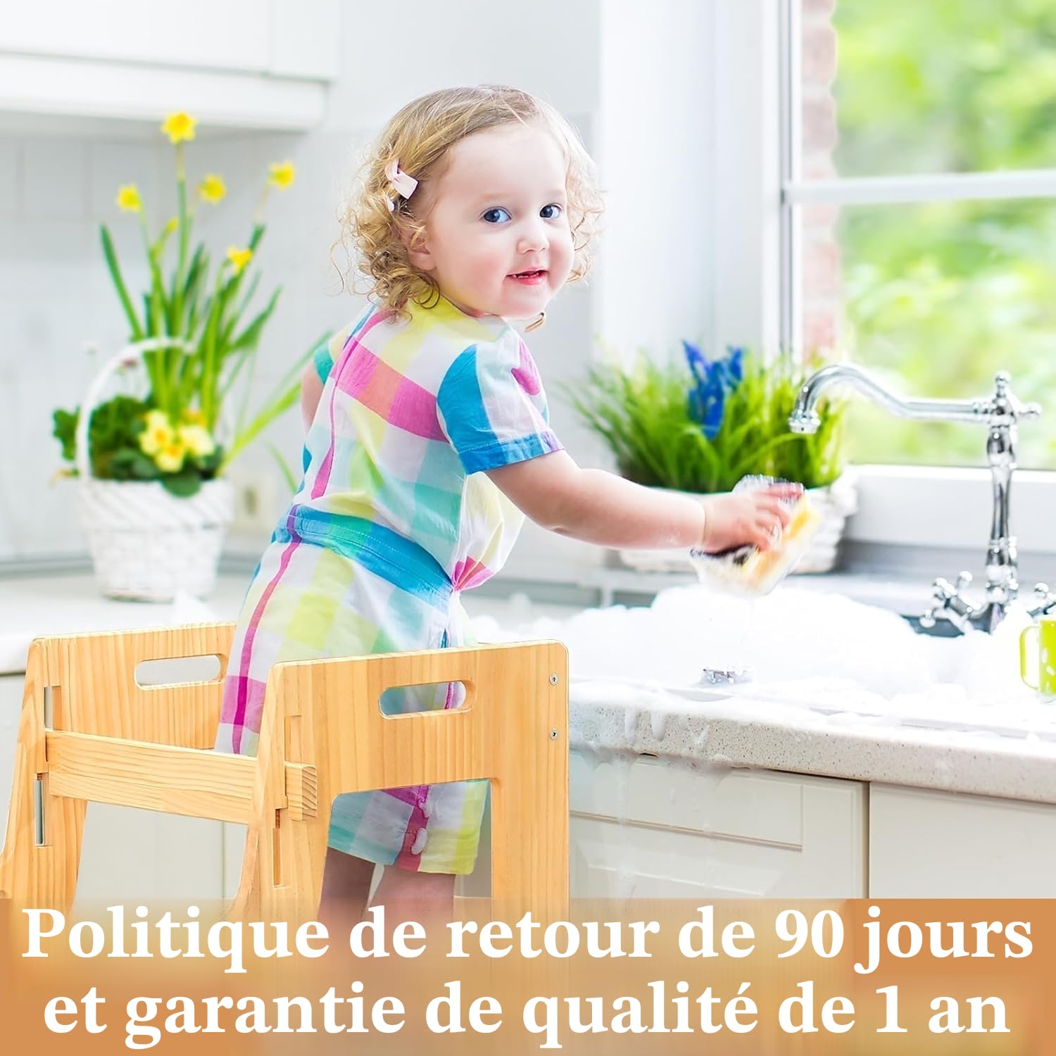Tour d'apprentissage pour Enfants avec Filet de Sécurité, Marchepied de Cuisine Réglable 3 Niveaux, Chaise Montessori