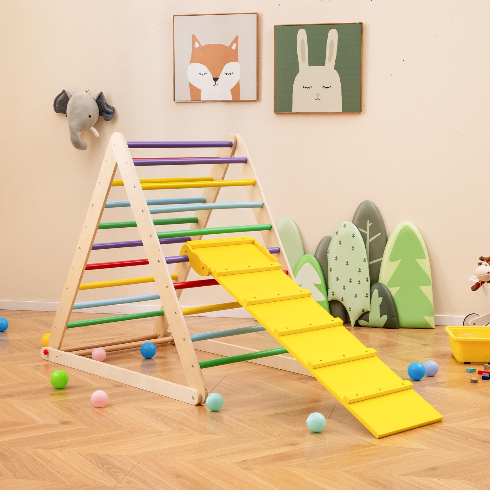DREAMADE Echelle d’Escalade Triangle Pliable pour Enfants 3+ Ans, Mur d'escalade Pliant en Bois pour s'entraîner à Grimper et à saisir, 122x71x110 CM (Coloré)