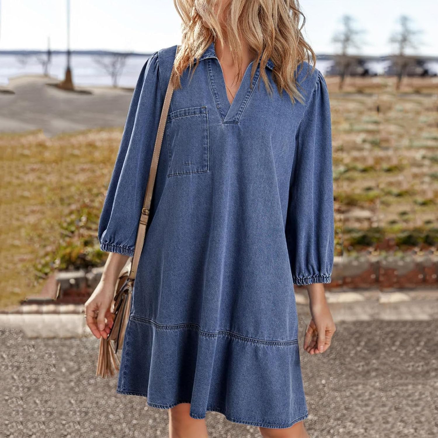 Vestido Vaquero con Capas, Cuello en V y Mangas abullonadas para Mujer, Vestidos Vaqueros con Volantes y Mangas 3/4, Vestido Vaquero Camisero Holgado de Verano con Bolsillos. (Dark Blue,XL)