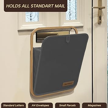 Letter Catcher for Front Door, Bamboo Mail Holder for Letterbox, No Drill Hook Over or Double-Sided Tape Installation, Indoor Mail Organiser for uPVC, Wooden & Composite Doors - Grey