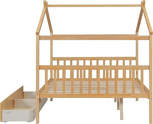 Miniatura 85 de Merax Cama de madera de tamaño individual con dos cajones, marco de cama de madera con techo para niños, adolescentes, niños o niñas, gris